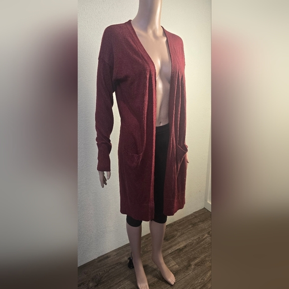 Halogen Women's Long Line Open Cardigan Burgundy  Sz. Medium With Pockets - Picture 5 of 8